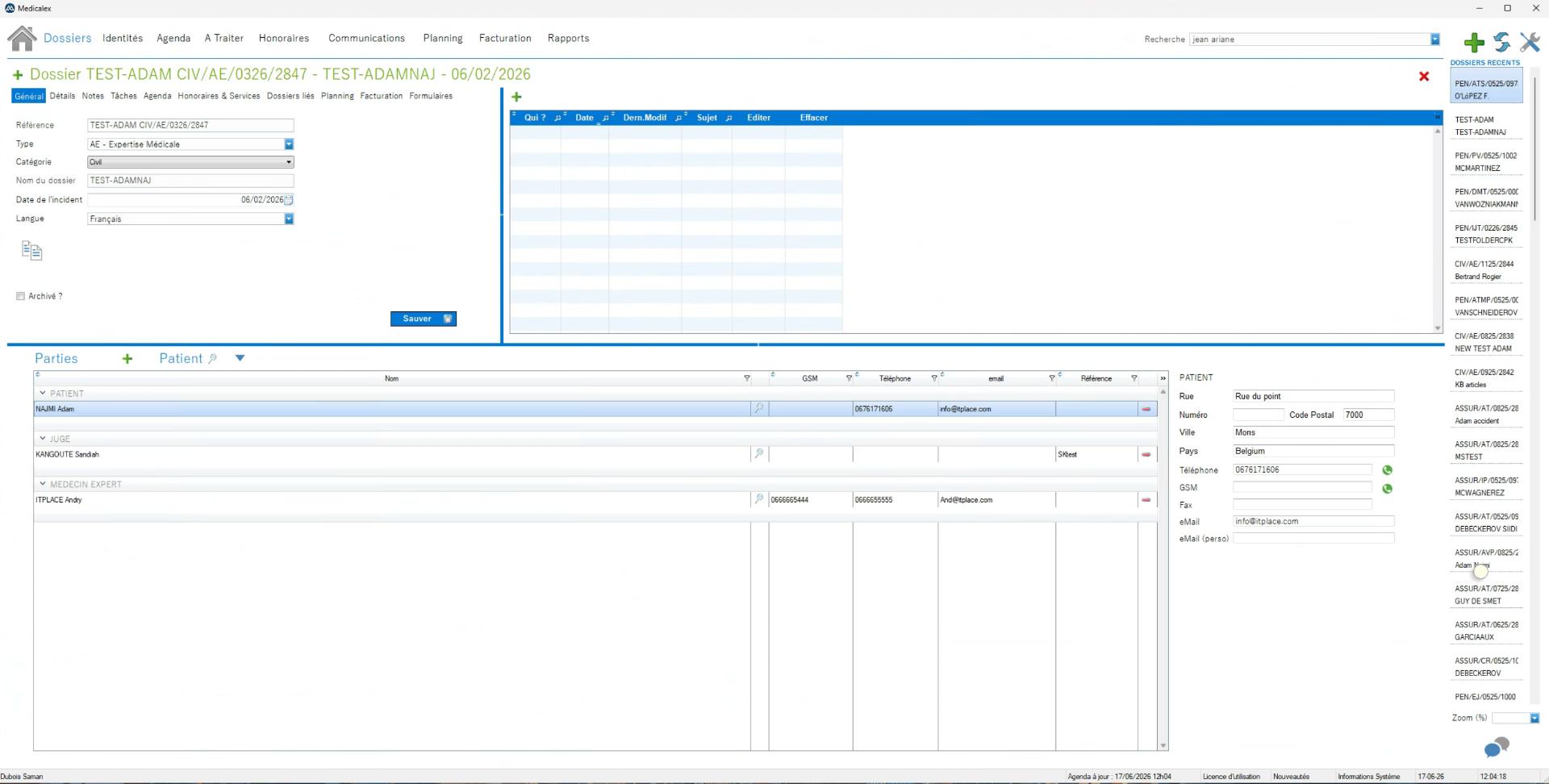 Interface Medicalex - vue d'un dossier d'expertise avec toutes les parties prenantes