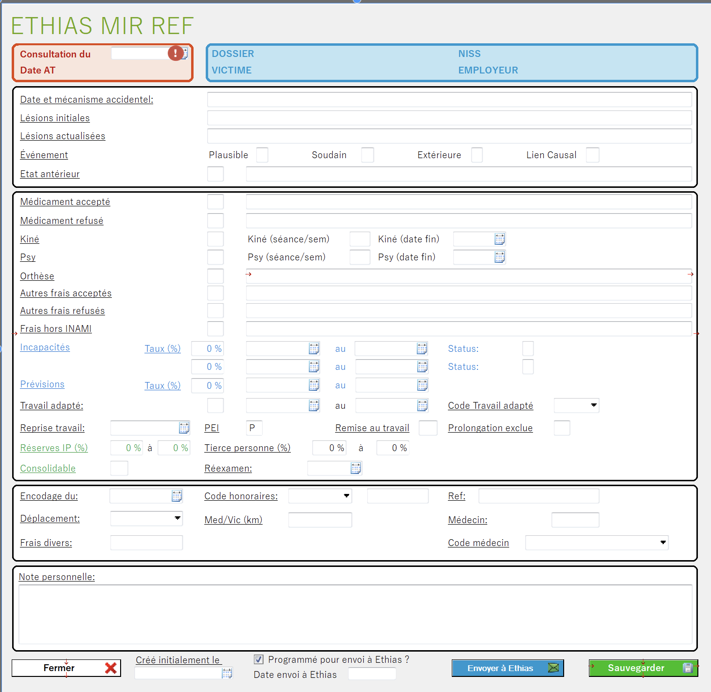 Interface native de la fiche MIR Ethias dans Medicalex